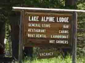 Lake Alpine Lodge at the Western shore of Lake Alpine along Highway 4.